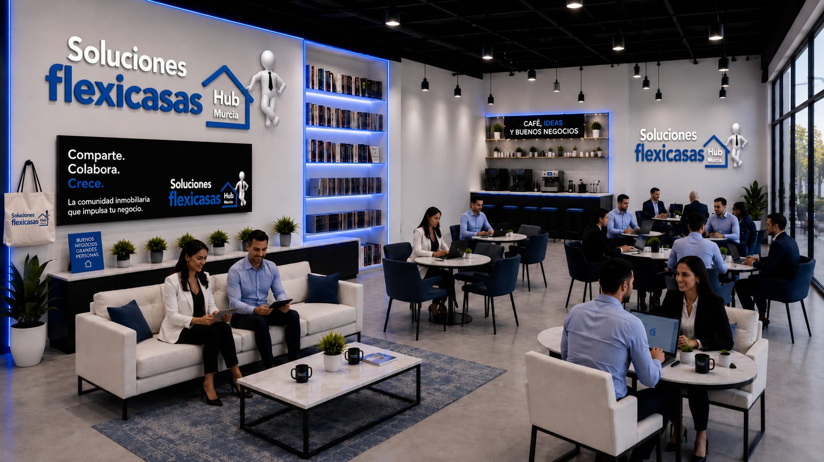 Zona de coworking del hub Flexicasas
